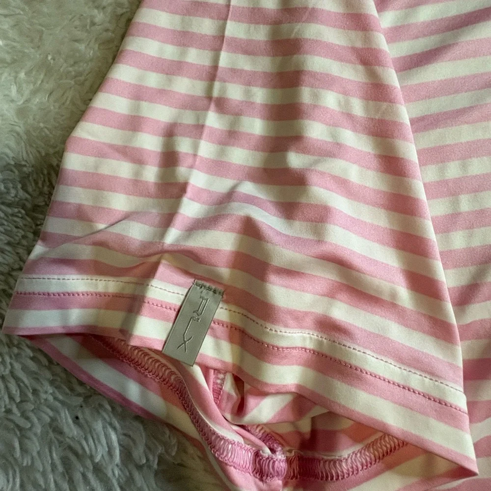 RLX Ralph Lauren Wicki Performance Golf Polo Shirt pink and white stripe Sz L